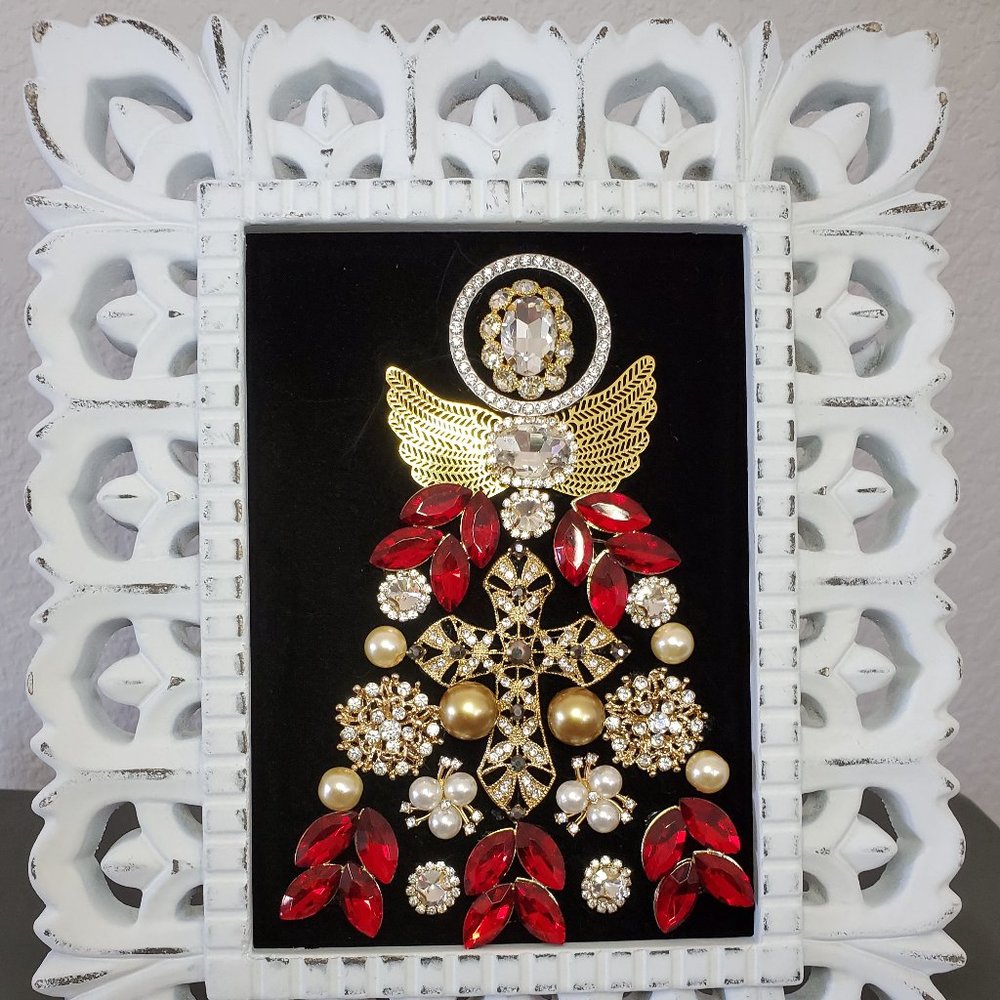 Framed Red & Gold Jeweled Angel Creation